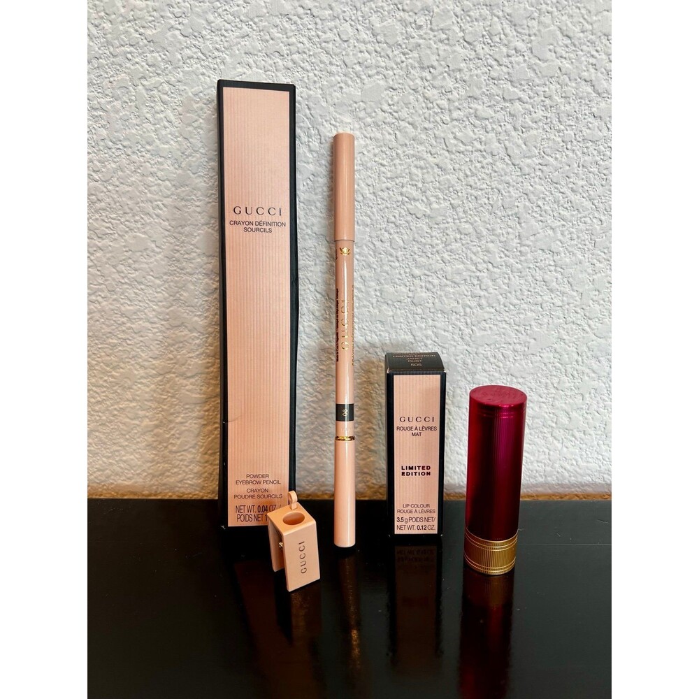 Gucci Beauty limited edition red Matte Lipstick and 06 Noir eyebrow pencil NIB